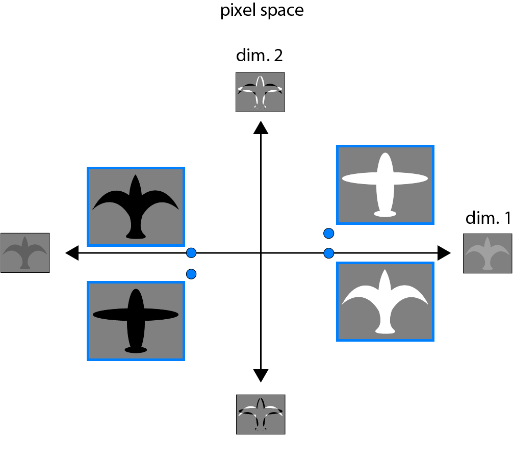 Birds and planes “tangled” in pixel space, projected on a pair of useful axes